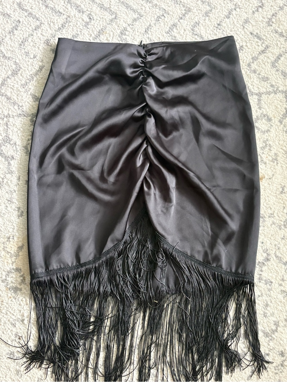 Ellison Black Satin Midi Skirt with Fringe Detail